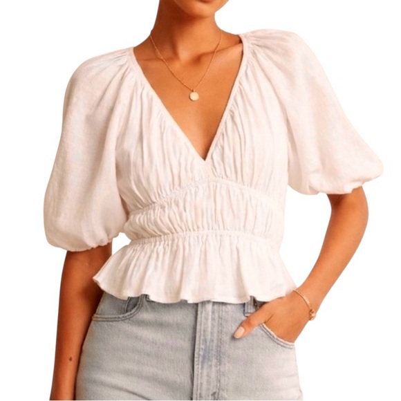 Abercrombie & Fitch Women’s Ivory Puff Sleeve Deep V-Neck Peasant Blouse- Small - Picture 1 of 10